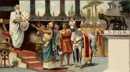 romersk politisk system. Kongen: Numa Pompilius, legendarisk konge af Rom (-715, -672), der betroede det hellige skjold til de saliske præster. Kromolitografi i slutningen af det 19. århundrede.