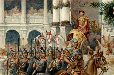 romersk politisk system. Kejseren: Parade til ære for den romerske kejser Augustus (Octavian eller Octavian) sejre vandt i Actium, Pannonia og Egypten. Kromolitografi i slutningen af ​​det 19. århundrede.