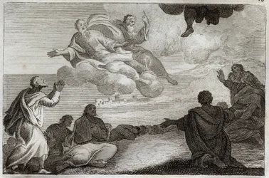 Royaumont Bibelen, Det Nye Testamente: Jesu Kristi Himmelfart. Kristus er taget fra himlen og velsignet apoterne, før han forsvinder i en sky. Illustration fra 1811.