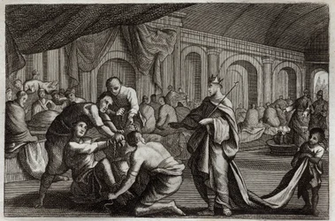 Royaumont Bible, Det Nye Testamente: Brudekjole. Lignelse om en konge, der foretog sin søns bryllup, hvorfra han afviste en mand, der ikke havde brudekjolen. Illustration fra 1811.