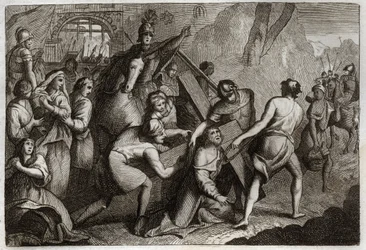 Royaumont Bibelen, Det Nye Testamente: At bære korset (Korsets vej). Jesus Kristus bærer sit kors til Golgata-bjerget ved hjælp af Simon af Kyrene (kyrenæeren). Illustration fra 1811.