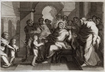 Royaumont Bibelen, Det Nye Testamente: Børnemodel for ydmyghed. Jesus Kristus foreslår sine disciple et barn som et forbillede for den ydmyge kristne. Illustration fra 1811.
