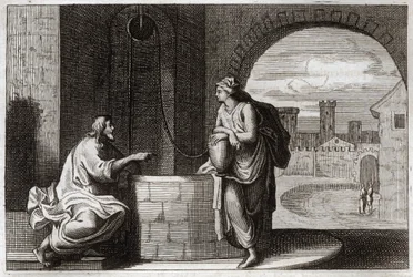 Royaumont Bibelen, Det Nye Testamente: Kristus og samaritaneren ved brønden. Jesus Kristus omvender en samaritansk kvinde. Illustration fra 1811.