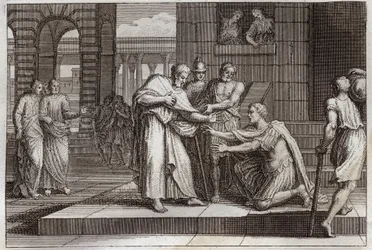 Royaumont Bibelen, Det Nye Testamente: Cornelius døber. Crow the centurion modtager troen på Jesus Kristus og bliver døbt af St. Peter. Illustration fra 1811.