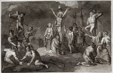 Royaumont Bible, Det Nye Testamente: Jesu Kristi korsfæstelse. Jomfru Maria, Sankt Maria Magdalena og Sankt Johannes ved foden af korset, Sankt Longin Centurion (Saint Longinus) med sit spyd, soldater, der spiller Kristi tunika. På siderne er repr
