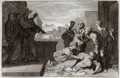 Royaumont Bibelen, Det Nye Testamente: Ananias og hans kone Saphires død før St. Peter og St. John. Illustration fra 1811.