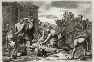 Royaumont Bibelen, Det Nye Testamente: St Stephens, første kristne martyrs død ved stening. Illustration fra 1811.
