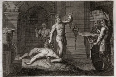 Royaumont Bible, Det Nye Testamente: Dekollering af Johannes Døberen. Man lægger hovedet på et plateau. Illustration fra 1811.