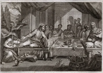Royaumont Bible, Det Nye Testamente: Middag hos farisæeren Simon. Maria Magdalene gik hen for at græde ved Jesu Kristi fødder hos farisæeren Simon og fik tilgivelse for sine synder. Hun salver Kristi fødder med salve og tørrer dem med sit hår. Il