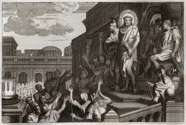 Royaumont Bibelen, Det Nye Testamente: Ecce homo. Pontius Pilatus (Pontius Pilatus) præsenterer Jesus Kristus med torne til mængden og siger: "Her er manden". Illustration fra 1811.