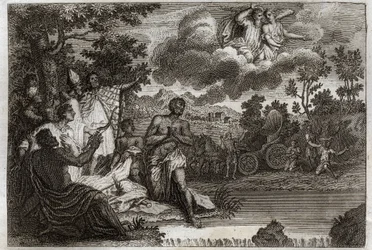 Royaumont Bibelen, Det Nye Testamente: Eunuk døber. Sankt Filips diakon bekendtgør tro til en eunuk af dronningen af Etiopien og døber ham. Illustration fra 1811.