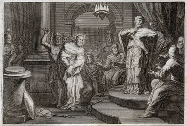 Royaumont Bibelen, Det Nye Testamente: Jesus Kristus før Caiphus og Anan (Hanan eller Anne eller Hanne). Illustration fra 1811.