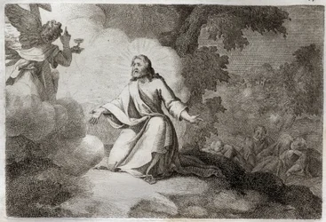 Royaumont Bibelen, Det Nye Testamente: Jesus Kristus i haven (bøn på Oliebjerget). En engel, der holder en kalk, viser sig for Jesus. Skt. Peters, St. Johannes og St. Jakobs apoters sover. Illustration fra 1811.