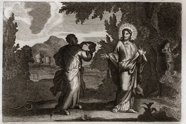 Royaumont Bibelen, Det Nye Testamente: Jesus Kristus i ørkenen. Jesus bliver drevet ud i ørkenen. Han unge fyrre dage og fyrre nætter. Han bliver fristet af dæmonen, der inviterer ham til at forvandle sten til brød. Illustration fra 1811.