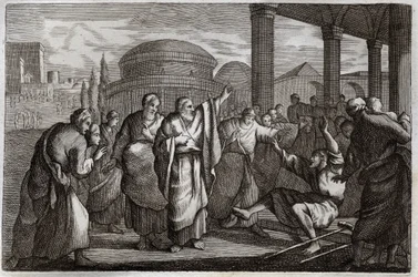 Royaumont Bibelen, Det Nye Testamente: Lame gueri. Saint Paul kriger en lam og arresterer et folk, der ønskede at ofre til ham som en Gud. Illustration fra 1811.
