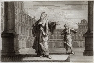 Royaumont Bibelen, Det Nye Testamente: Lignelse om farisæeren og tolderen, der gik for at bede i templet. Illustration fra 1811.
