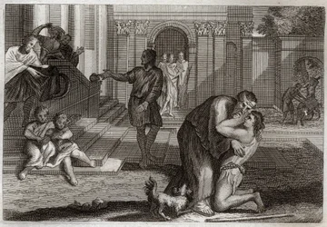 Royaumont Bibelen, Det Nye Testamente: Lignelse om det fortabte barn. Sønnen vender hjem efter at han rejste og mistede alle sine ejendele. Han kommer for at bede sin far om tilgivelse. Illustration fra 1811.