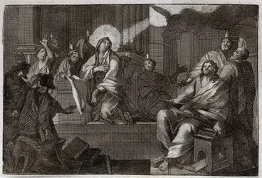 Royaumont Bibelen, Det Nye Testamente: Pentecoot. Helligånden daler ned over Jomfru Maria og apoterne. Illustration fra 1811.