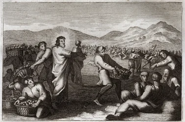 Royaumont Bible, Nye Testamente: Formering af brød. Jesus Kristus formerer fem brød og bespiser fem tusinde mænd. Illustration fra 1811.