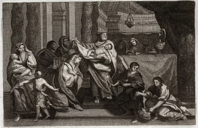 Royaumont Bibelen, Det Nye Testamente: Rensning af Jomfruen eller præsentation i templet. Den hellige familie tilbyder Jesus Kristus til templet og giver det til Symeon (eller Simeon eller Simon). En kvinde holder to duer i en kurv. Illustration fra 1811.