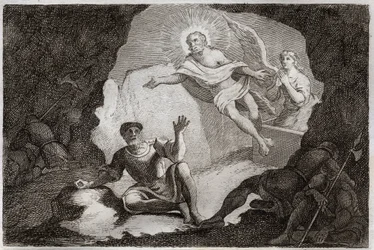 Royaumont Bibelen, Det Nye Testamente: Opstandelse. Jesus Kristus rejser sig fra sin grav under ærefrygt for de romerske soldater, der var faldet i søvn. Illustration fra 1811 (stik)