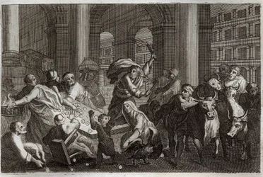 Royaumont Bible, Det Nye Testamente: Sælgere jager fra templet. Jesus Kristus driver dem bort fra templet, som vanhelligede ham ved den trafik, de drev der. Illustration fra 1811.
