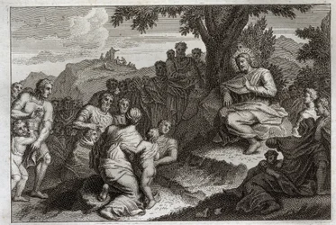 Royaumont Bibelen, Det Nye Testamente: Prædiken på bjerget. Jesus Kristus udvælger tolv apotere af sine disciple og fremfører for dem og for et stort folk prædikenen, som normalt kaldes bjergprædikenen. Illustration fra 1811.