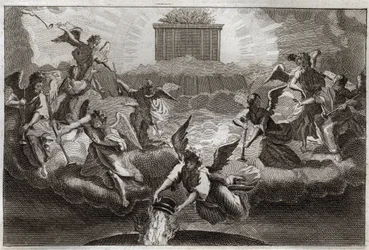 Royaumont Bible, Det Nye Testamente: Syv engle blæser i Åbenbaringens trompeter efter Lammets åbning af bogens syvende segl. En anden engel tager et røgelseskar, fylder det med alterets ild og kaster det på jorden. Illustration fra