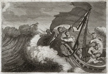 Royaumont Bible, Det Nye Testamente: Tempete formildede. Apoterne bliver overrasket af en storm, der vækker Jesus Kristus, som sov i deres skib, og han beroliger også Genesaret Sø. Illustration fra 1811.