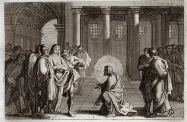 Royaumont Bible, Det Nye Testamente: Den utro kvinde. Jesus Kristus vildleder sig selv fra de fælder, som jøderne lagde over ham, og spørger ham, hvad der skal gøres ved en kvinde, der er grebet i utroskab, idet han siger: "Lad ham af dig, som er uden synd