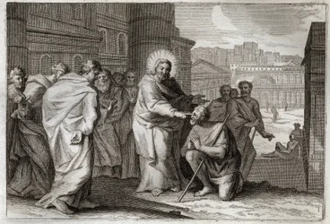Royaumont Bible, Det Nye Testamente: Det gør de blinde. Jesus Kristus kriger mirakuløst de blinde gør. Illustration fra 1811.
