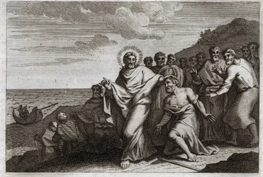 Royaumont Bible, Det Nye Testamente: Lepreux og Centenier. En spedalsk beder Jesus Kristus om at helbrede ham med sin spedalskhed, og en Cententer sender ham for at bede om at helbrede sin syge tjener. Illustration fra 1811.