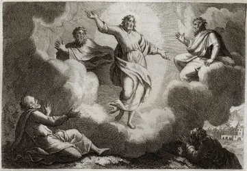 Royaumont Bible, Det Nye Testamente: Jesu Kristi Forvandling. Kristus omgiver Moses og Elias med nedenfor apostlen Sankt Johannes, Peter og Jakob. Illustration fra 1811.