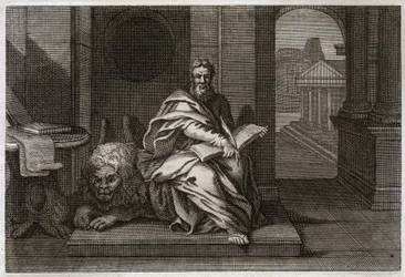 Royaumont Bibelen, Det Nye Testamente: Evangelisten Sankt Markus med løven. Illustration fra 1811.