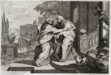 Royaumont Bibelen, Det Nye Testamente: Besøg. Den Hellige Jomfru Maria besøger sin kusine Elisabeth. Illustration fra 1811.