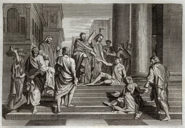 Royaumont Bibelen, Det Nye Testamente: De lammes krig. Sankt Peter, ledsaget af Sankt Johannes, kæmpede mirakuløst mod en halt mand i Jerusalem. Illustration fra 1811.