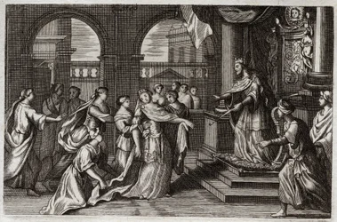 Royaumont Bibelen, Det Gamle Testamente: Ester vil præsentere sig selv for kong Xerxes I (Assuerus I), med den hensigt at redde sit folk fra den død, der truede ham. Illustration fra 1811.