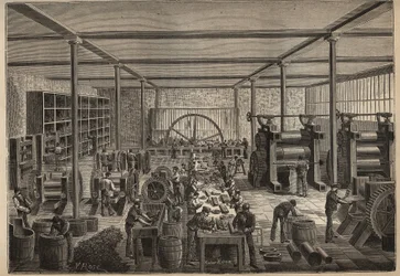 Gummi: gummifabrik. Indgravering fra 1885 i "" Les arts et metiers illustres"" af Adolphe BITARD.