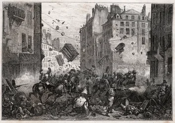 Rue Saint-Antoine under Trois-Glorieuses (juli 1830) - Revolution af 1830 Barrikadekampe på Rue Saint-Antoine (Saint Antoine) i 1830