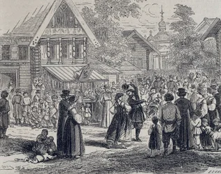 Rusland (19. århundrede). Fest i en landsby. 1879 (gravering)