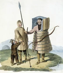 Russisk mand i jagtdragt med sin kone og barn.