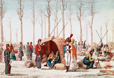 Russiske soldater bivuackerer på Champs-Elysees, Paris, Frankrig, 31. marts 1814 (gravering)