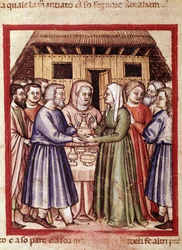 Ruths bryllup. Miniaturer fra codex 212 (eller Padovano Codice eller Bible of Padua) 1390-1400 Rovigo, Accademia dei Concordi