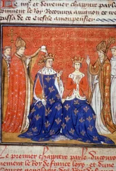 Kroningen af Ludvig 8. og Blanka af Kastilien - Miniature fra middelalderen, ref. 512, 345v. Anmodning om tilladelse til Toulouses kommunebibliotek, tlf.: 05 62 27 66 66