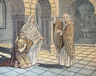 Sankt Augustin af Hippo (354-430) og hans mor Sainte Monique over for Sankt Ambrosius (340-397) i Milano, 387 (St Augustine of Hippo with his mother st Monica in front of st Ambrose of Milan, 387) Illustration fra "Le pelerin" 1933 Privat samling
