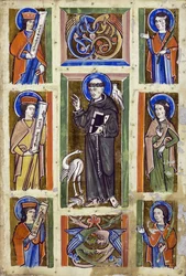 Sankt Frans prædiker for fuglene, anonym. Akvarel på pergament, ca 1230-1240, Badische Landesbibliothek
