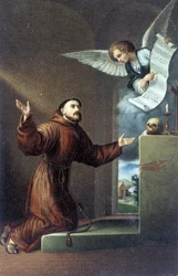 Sankt Frans af Assisi (1181 eller 1182 - 1226) foran en engel. 1800-tallets kromolitografi.