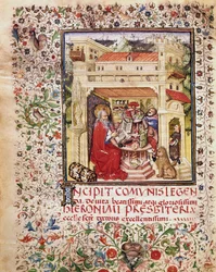 Sankt Hieronymus i sit studie Side taget fra manuskriptet "Opuscola spirituala et moralia" fra det 15. århundredes Rom, Biblioteca Vallicelliana