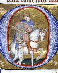 Sankt Martin deler sin kappe med en fattig. Miniature fra det 14. århundrede. Biblioteca Nazionale Braidense, Milano.