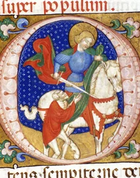 Sankt Martin deler sin kappe med en fattig. Miniature fra det 15. århundrede. Biblioteca Nazionale Braidense.